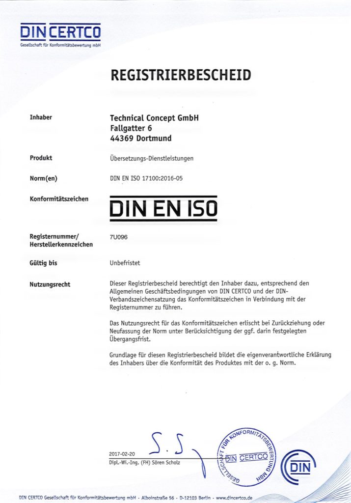 2017-02-20 Registrierbescheid Reg.-Nr. 7U096 DIN EN ISO 17100